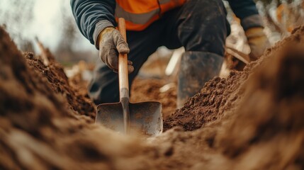 Construction laborer digging a trench for foundation work. Featuring excavation precision