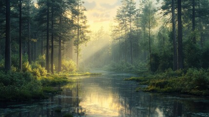 Obraz premium A serene forest scene at sunrise, featuring tall trees reflecting on a calm river, illuminated by soft rays of light.