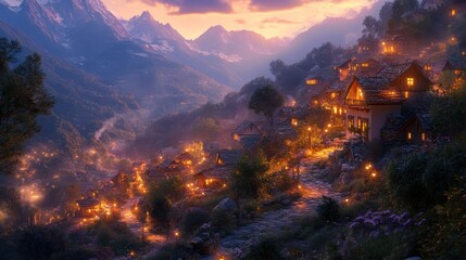 A serene village nestled in a valley, illuminated by warm lights against a backdrop of majestic mountains at dusk.