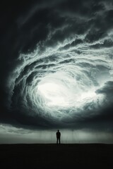 Fototapeta premium Dramatic Storm Clouds Over Lone Figure in Atmospheric Landscape