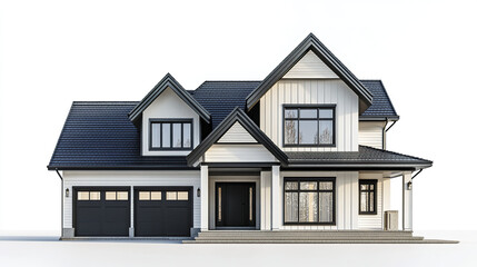 Modern two story house with black roof and garage, elegant design
