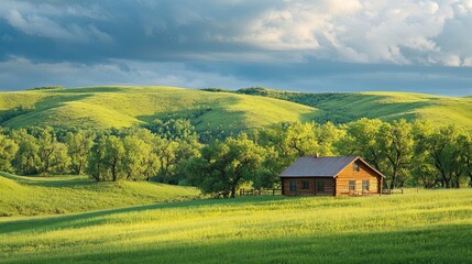 Obraz premium Free Lush green hills with a solitary cabin surrounded by tall trees under a rich sky. Stock Photo