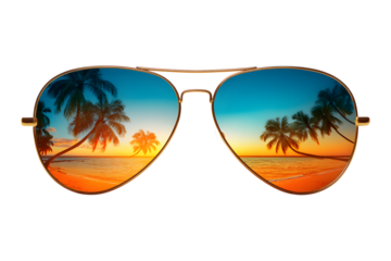 Tropical Beach Sunset Reflected in Aviator Sunglasses: A Summer Paradise Vision