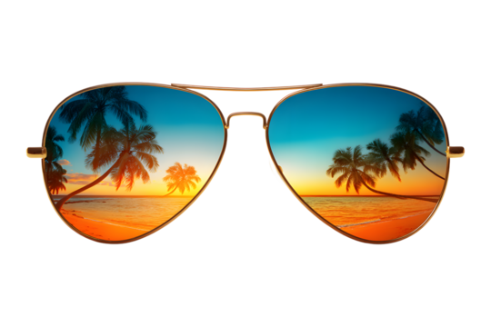 Tropical Beach Sunset Reflected in Aviator Sunglasses: A Summer Paradise Vision