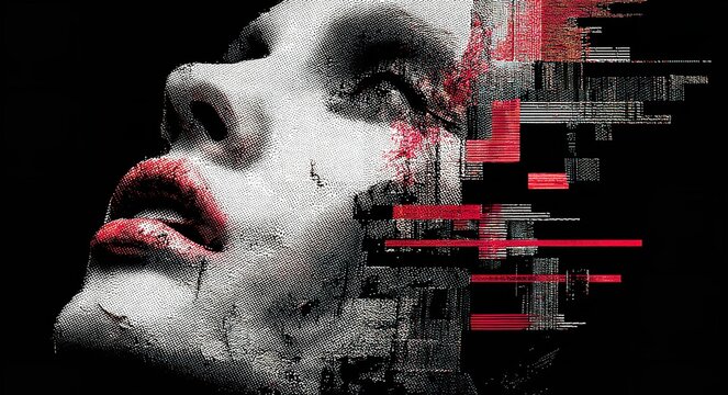 3D Render of a Beautiful Woman&rsquo;s Face with Digital Glitch Effects and Half-Robot Head on Black Background &ndash; Futuristic Concept