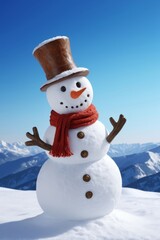 Obraz premium snowman with red scarf and hat on top of a mountain