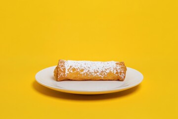 Sweet, fried pastry roll, dusted with powdered sugar.