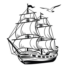 Old Ship Line Art, Silhouette, Vector, Icon, Logo, White Background.