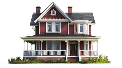 Fototapeta premium charming red house with wraparound porch and gabled roof