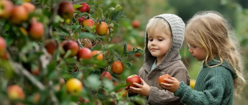 Children harvesting apples on a fruit farm