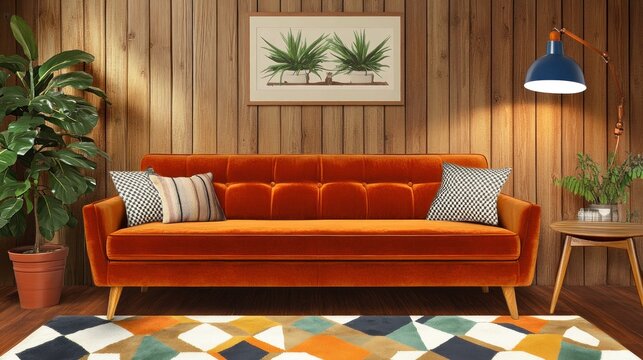 A mid-century-inspired living room with a plush velvet sofa in burnt orange, paired with a geometric area rug, a wooden coffee table, and retro-style lighting for a warm, vintage charm. - Powered by Adobe