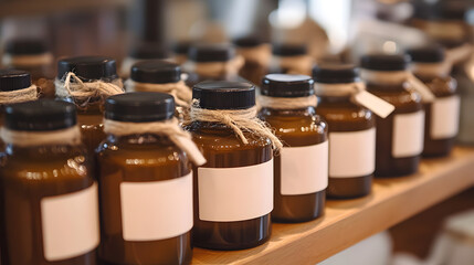 Apothecary Bottles: A meticulous arrangement of apothecary bottles lines a wooden shelf, each bottle showcasing a clean, blank label ready for custom branding.