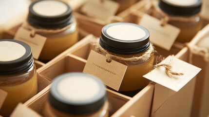 Golden Nectar Delight: An artistic image showcasing an array of honey jars, perfectly arranged, ready to bring delight and satisfaction.