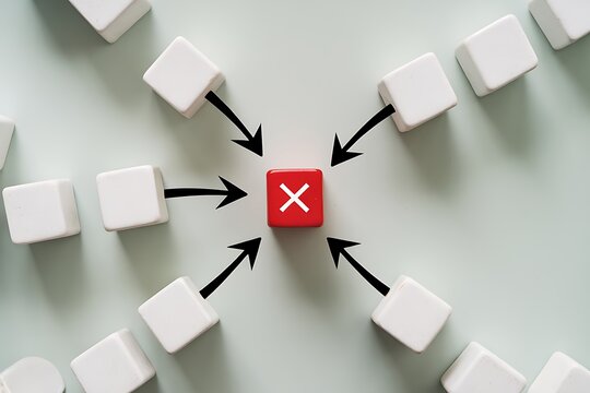 A Central Red Cube Marked with an 'X' Surrounded by White Cubes and Arrows