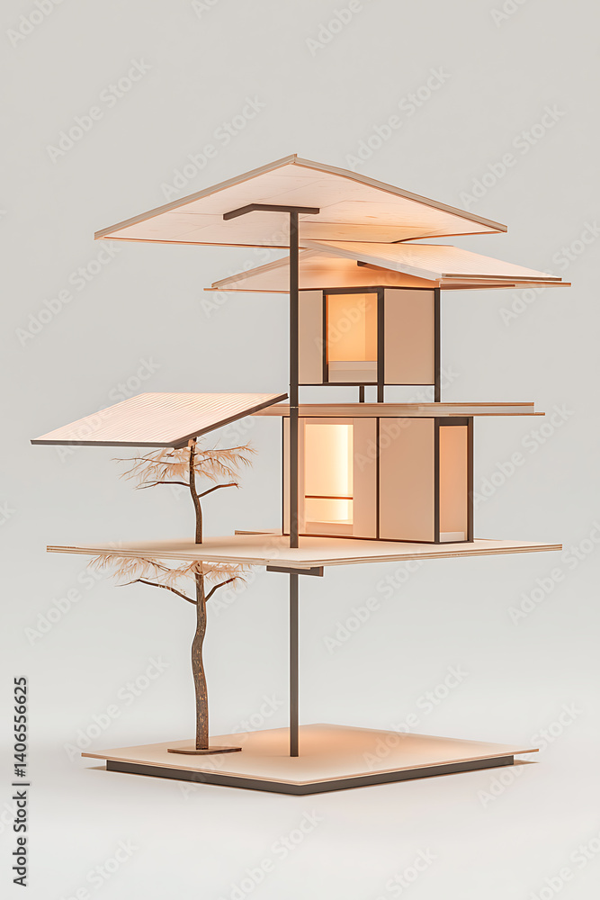 Poster modern architectural model indoor display 3d visualization minimalist design isometric view contempo