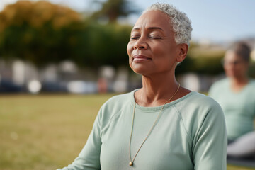 Stock minimalist photography of a senior woman in a mint green top and grey leggings meditating on a mat in a sunny park. The background features green grass, trees in warm tones,