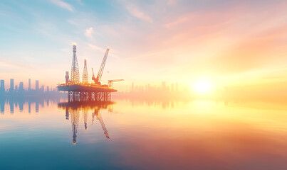 Obraz premium Offshore oil rig sunset urban skyline reflection photographic capture calm waters wide angle energy industry