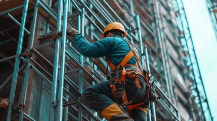 Fototapeta premium Construction worker assembling steel beams at a construction site. Featuring structural work