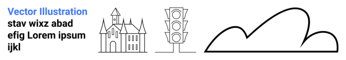 Obraz premium Black outlined castle with towers, a traffic light with three lights, and a simple cloud shape. Ideal for urban planning, tourism, minimalism, simplicity, signs, education simple landing page
