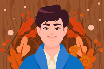 A man wearing a blue coat with a squirrel on his shoulder, set against a warm autumn forest backdrop.