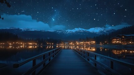 Free discover tranquility at a moonlit dock in Whistler, BC, under a starry sky. Stock Photo