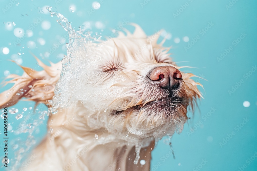 Poster wet dog shaking off water after bath creating splashes on a bright clean background with playful mov