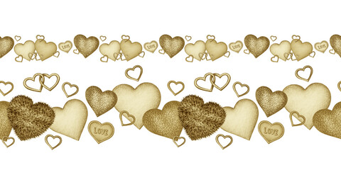 Two isolated Festive Valentine's day seamless borders with different shapes of yellow golden colored hearts on a white background. Vintage isolated design elements