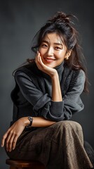 Fototapeta premium Korean woman beauty portrait fashion photoshoot in studio elegant model with natural makeup smiling face in soft lighting
