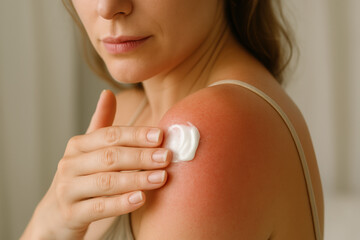 Woman applying cream to sunburned shoulder for relief and healing