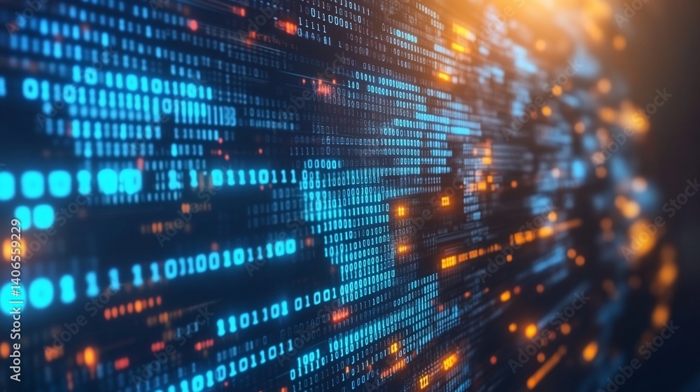 Aufkleber abstract binary code background with glowing orange data transmission