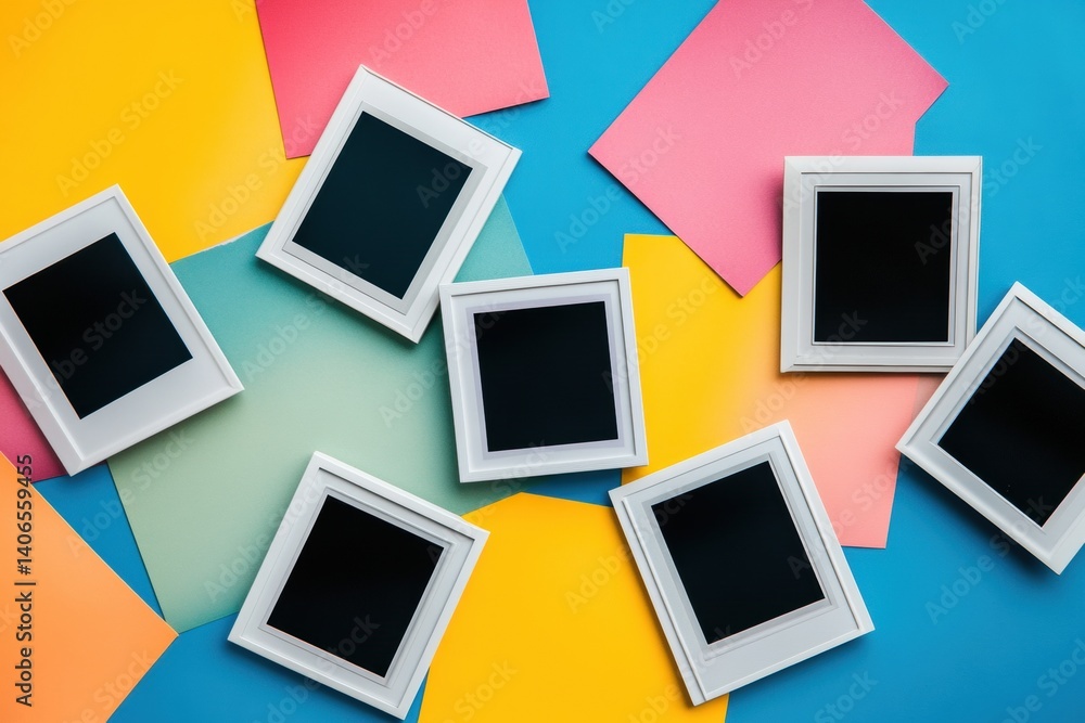 Poster Colorful flat surface with scattered white Polaroid frames creating a vibrant display for creative projects and visual storytelling