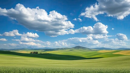 Obraz premium Free Expansive green fields beneath dramatic clouds and a vibrant sky, showcasing rural serenity. Stock Photo