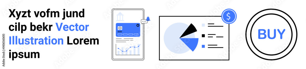 Aufkleber smartphone app with graphs, pie chart with analysis, and buy button in a circular frame. ideal for t