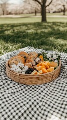 Picnic basket filled with assorted treats and fruits in a park