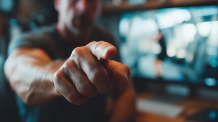 fitness coach demonstrating online class, emphasizing engagement and motivation. focus is hand pointing, symbolizing direction