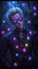 Stylish young man, glowing gems, mystical aura