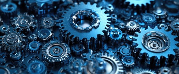 Blue-toned gears interlock, creating intricate metallic patterns, precision shapes, and complex arrangements