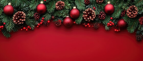 Christmas border with pine, ornaments, berries and red background