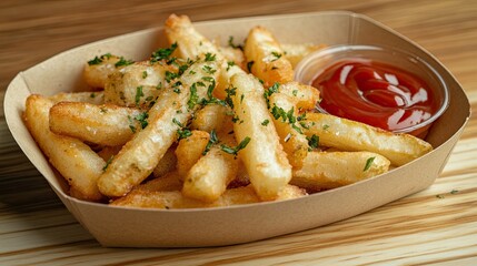 Free Golden French fries served with ketchup and mayonnaise on a paper plate. Stock Photo