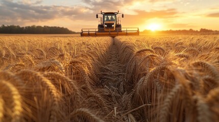 Fototapeta premium Golden wheat field harvest at sunset
