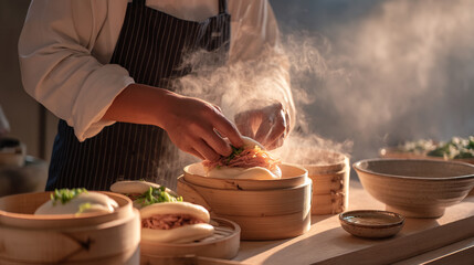 Chef preparing delicious bao buns in bamboo steamer asian cuisine food photography and culinary arts