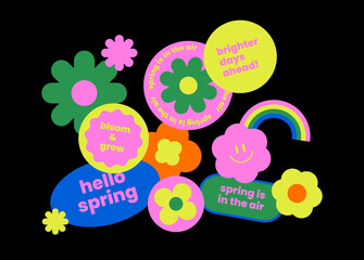 Colorful spring sticker pack. Flower shape label set. Retro patch collection. Groovy text slogan. Geometric element. Brutalism aesthetic. Flat vector illustration.