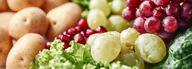 A vibrant display of freshly harvested organic fruits and vegetables showcases an abundance of colors and textures, including grapes, potatoes, and leafy greens at a local farm