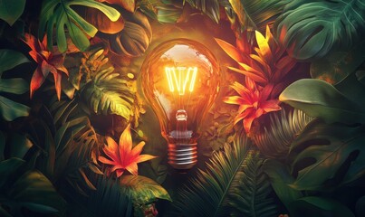Illuminated lightbulb amidst lush tropical foliage; nature's innovation concept