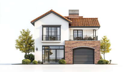 Modern two story house with brick facade and large windows