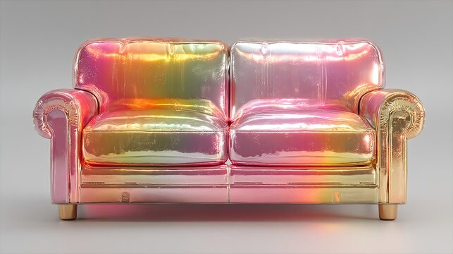 Colorful inflatable rainbow couch with holographic surface
