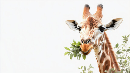 Banner design with composition of giraffe chewing leaves, head slightly tilted with soft gaze, natural light effect highlighting unique pattern details on its body