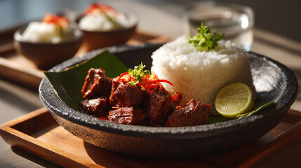 Delicious asian beef rendang recipe with rice and lime served on a traditional plate for food blog