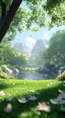 A serene landscape shows a pond amid greenery, light shining through trees