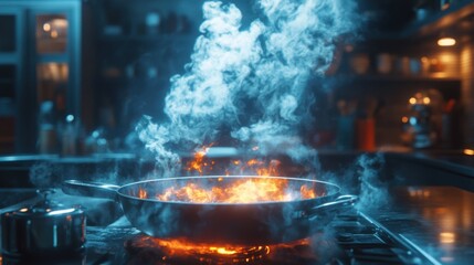 A vibrant kitchen scene featuring a pan with flames and smoke, showcasing the art of cooking and the intensity of culinary techniques.